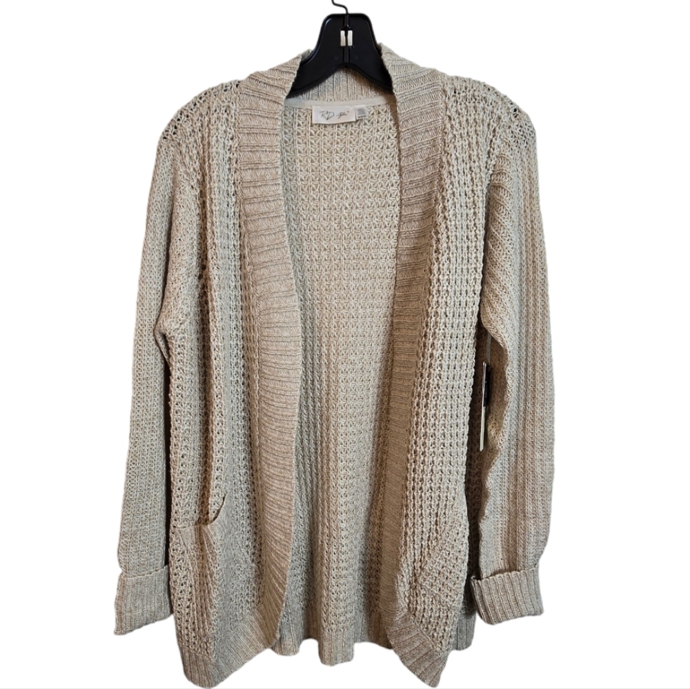 RD Style Womens Open Front Cardigan Delicate Knit Beige Cream Medium New